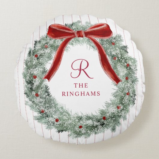 Kerstmis Vintage Rode Strik Krans Monogram Rond Kussen (Voorkant)