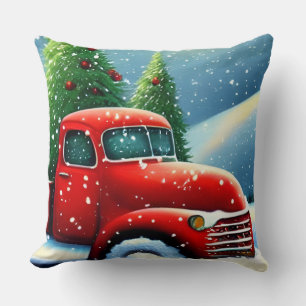Kerstmis Vintage Rode Truck en Sneeuwbomen Kussen