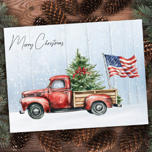 Kerstmis Vintage Rode Truck Patriottische Vlag van Briefkaart