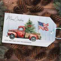 Kerstmis Vintage Rode Truck Patriottische Vlag van