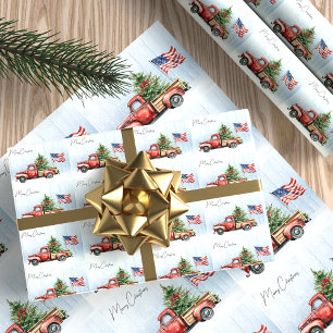 Kerstmis Vintage Rode Truck Patriottische Vlag van Cadeaupapier