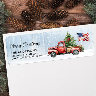Kerstmis Vintage Rode Truck Patriottische Vlag van Etiket