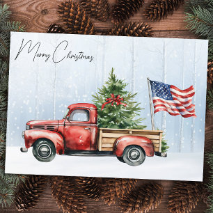 Kerstmis Vintage Rode Truck Patriottische Vlag van Feestdagenkaart