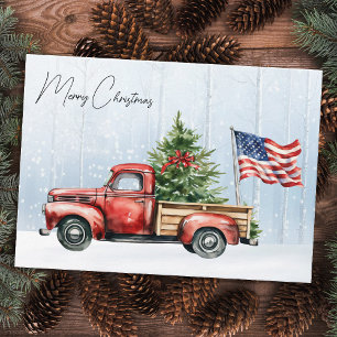 Kerstmis Vintage Rode Truck Patriottische Vlag van Notitiekaartje