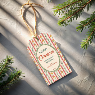 Kerstmis vintage rood groen strepen met belletjes cadeaulabel