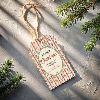 Kerstmis vintage rood groen strepen met belletjes cadeaulabel