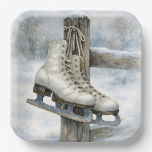 Kerstmis Vintage Schaatsen Aan Hekpalen Papieren Bordje