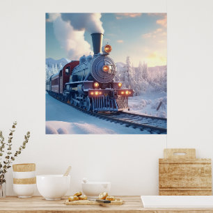 Kerstmis Vintage Stoomtrein Sneeuw bevroren Boslan Poster