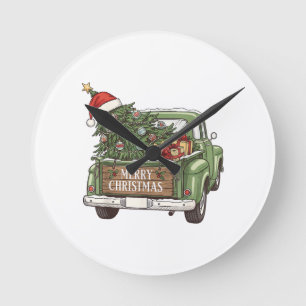 Kerstmis Vintage Truck Prettig Kerstfeest Mannen V Ronde Klok