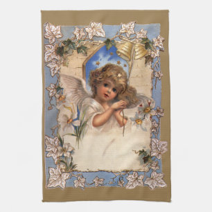 Kerstmis vintage, Victoriaanse engel met gouden be Theedoek