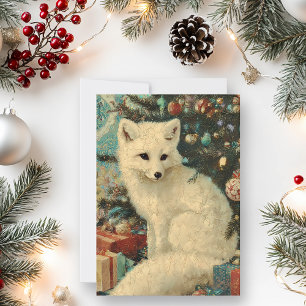 Kerstmis Vintage Witte Vos Verouderd Feestdagenkaart