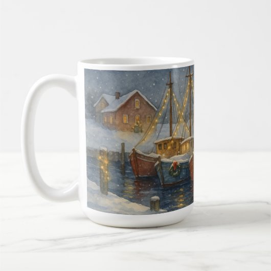 Kerstmis vissersboten in de haven koffiemok (Links)