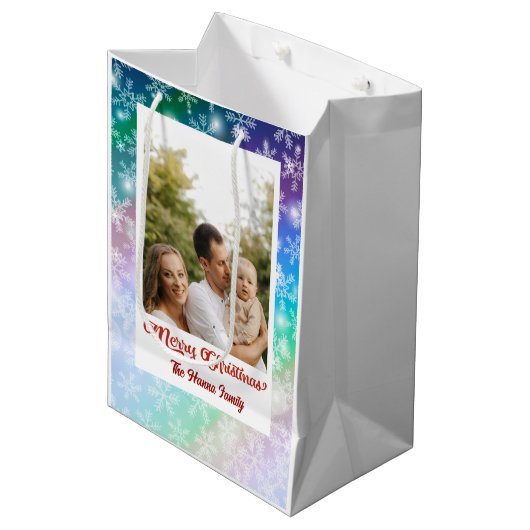 Kerstmis Voeg Uw Afbeelding en Naam, Sneeuwvlok Medium Cadeauzakje (Voorkant Gekanteld)