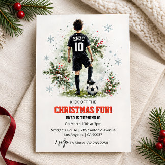 Kerstmis Voetbal Verjaardagsuitnodiging voor Jonge Kaart
