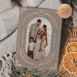 Kerstmis Volkskunst Vakantiefoto Taupe Roze Goud Folie Uitnodiging