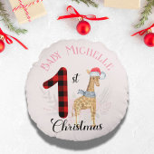 Kerstmis voor baby's 1e met grappige giraffe en ke rond kussen