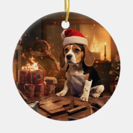 Kerstmis voor Beagle, Cadeau voor Beagle Politiefa Keramisch Ornament (Voorkant)