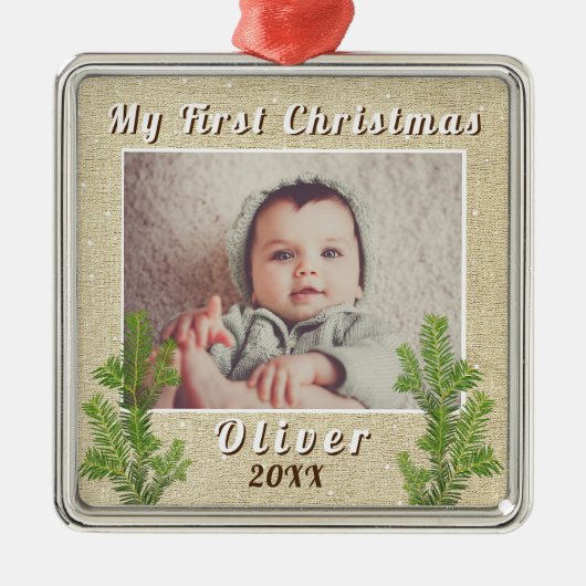 Kerstmis voor de allereerste baby Rustic Metalen Ornament (Voorkant)