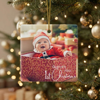 Kerstmis voor de allereerste keer Rode Gouden Kers Keramisch Ornament