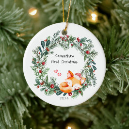 Kerstmis voor het eerst voor de vosjesbaby keramisch ornament