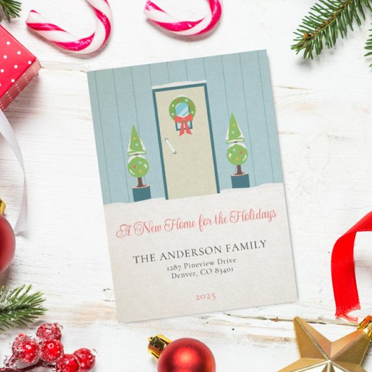 Kerstmis voordeur nieuwe huis bewegende aankondigi kaart