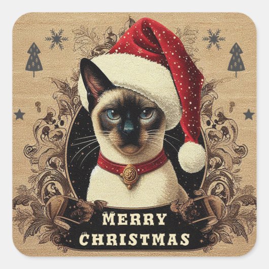 Kerstmis vorstelijke Siamese kat, Kerstmis Santa K Vierkante Sticker (Voorkant)