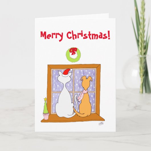 Kerstmis: Vrienden (Kat & Hond) Feestdagen Kaart (Voorkant)