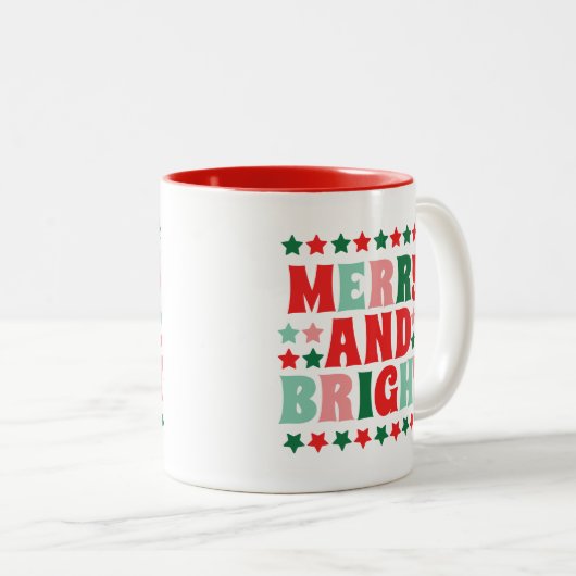 Kerstmis Vrolijk en Helder Modern Bold Roze Rood Tweekleurige Koffiemok (Voorkant rechts)