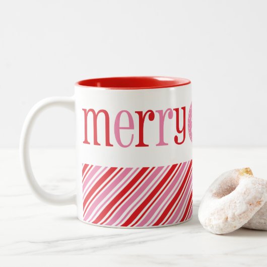KERSTMIS VROLIJK & HELDER schattig modern rood roz Tweekleurige Koffiemok (Met donut)