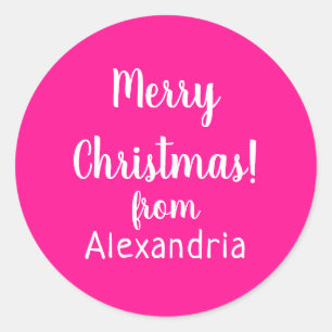 Kerstmis Vrolijk Kerstfeest van Naam Hot Pink Ronde Sticker