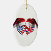 Kerstmis, VS en VK Vlag Hoorkelingen met kerstmand Keramisch Ornament (Rechts)