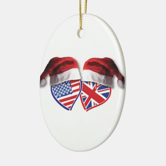 Kerstmis, VS en VK Vlag Hoorkelingen met kerstmand Keramisch Ornament (Links)