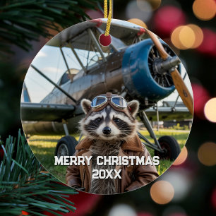 Kerstmis Wasbeer Piloot Vliegtuig Grappige Foto Keramisch Ornament