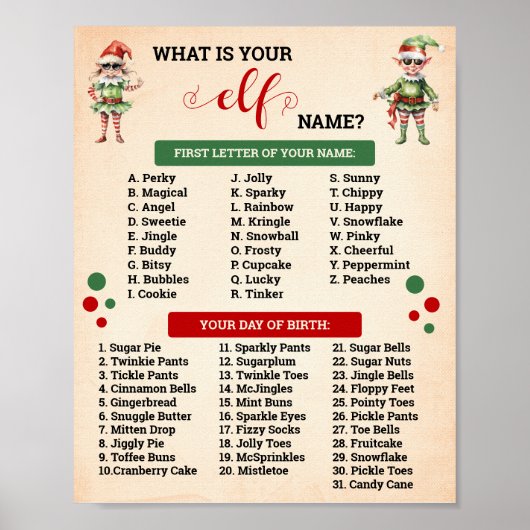 Kerstmis Wat is je Elf Game Sign Poster (Voorkant)
