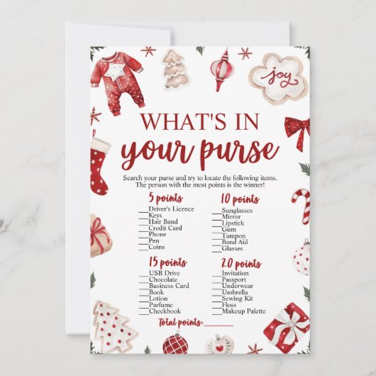 Kerstmis Wat zit er in je tas Baby shower spel Kaart (Voorkant)