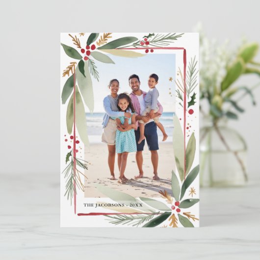 Kerstmis Watercolor Botanicals Foto Collage Feestdagenkaart (Staand voorkant)