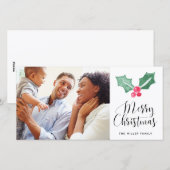Kerstmis Watercolor Holly Vakantie Foto Feestdagenkaart (Voorkant / Achterkant)