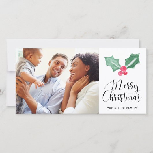 Kerstmis Watercolor Holly Vakantie Foto Feestdagenkaart (Voorkant)