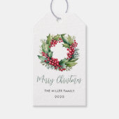 Kerstmis Waterverf Berries en Greenery Wreath Cadeaulabel (Voorkant)