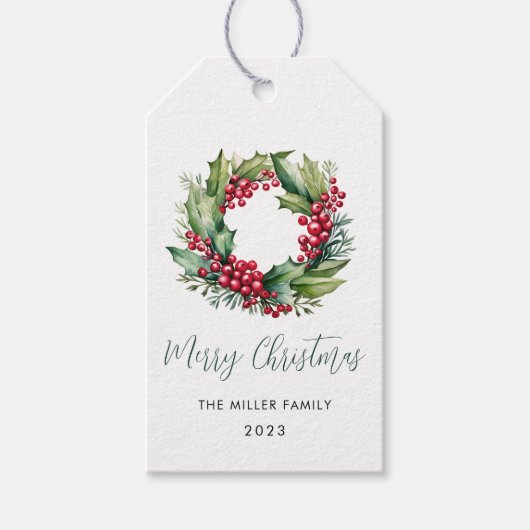 Kerstmis Waterverf Berries en Greenery Wreath Cadeaulabel (Voorkant)