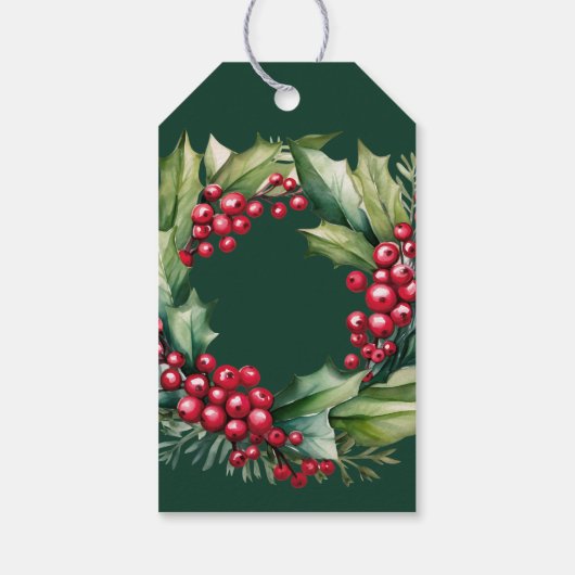Kerstmis Waterverf Berries en Greenery Wreath Cadeaulabel (Achterkant)