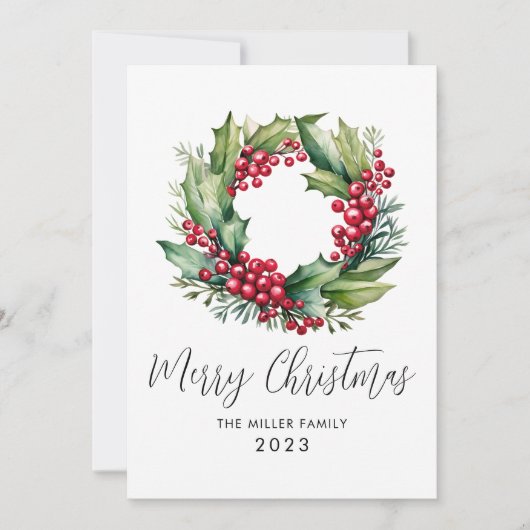 Kerstmis Waterverf Berries en Greenery Wreath Feestdagenkaart (Voorkant)