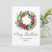 Kerstmis Waterverf Berries en Greenery Wreath Feestdagenkaart (Staand voorkant)