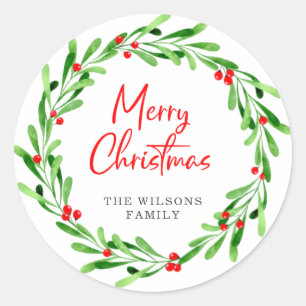 Kerstmis Waterverf Berries en Greenery Wreath Ronde Sticker