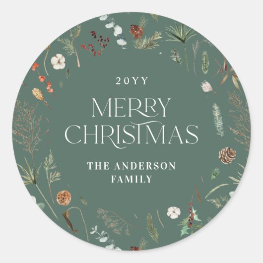 Kerstmis waterverf botanische bloemwijze groen ronde sticker (Voorkant)