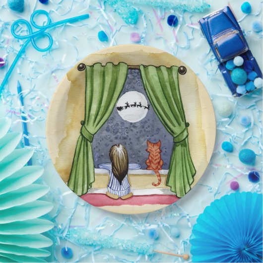 Kerstmis Waterverf Cute Child & Kitty Cat Papieren Bordje (Feest)