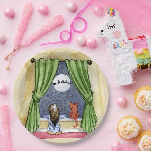 Kerstmis Waterverf Cute Child & Kitty Cat Papieren Bordje (Feest)