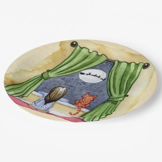 Kerstmis Waterverf Cute Child & Kitty Cat Papieren Bordje (Gekanteld)