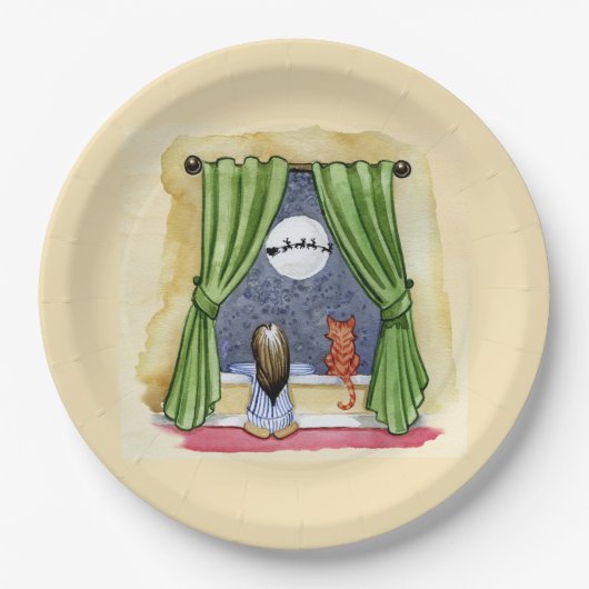 Kerstmis Waterverf Cute Child & Kitty Cat Papieren Bordje (Voorkant)