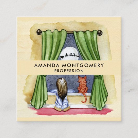 Kerstmis Waterverf Cute Child & Kitty Cat Vierkante Visitekaartje (Voorkant)